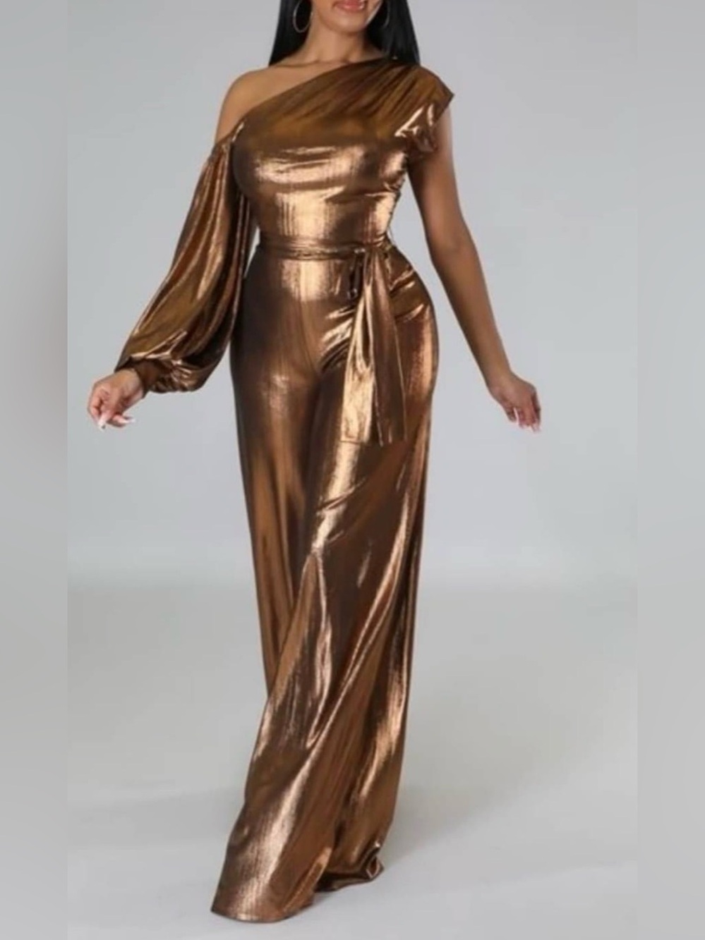 Gorgeous Metallic Bronze One-Shoulder Wide Leg Jumpsuit w/ Tie Belt. Size Large